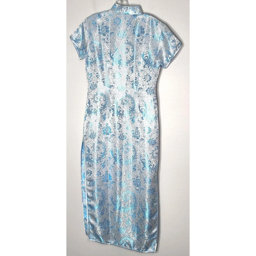 Whitby Cheongsam Dress Women Size 38 Silver Blue‎ Floral Brocade Qipao Maxi - Picture 2 of 12